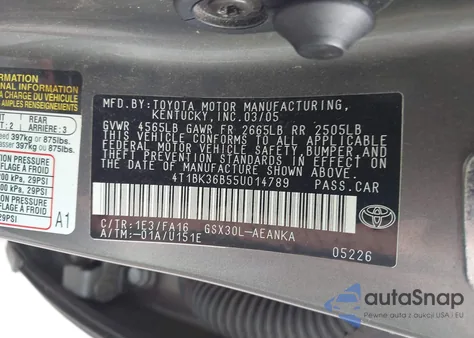 2005 Toyota Avalon Xl из США, поврежденный, VIN 4T1BK36B55U014789